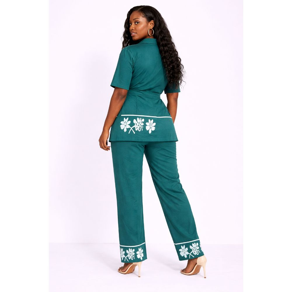 Teal TwoPiece ButtonUp Lounge Set with Floral Trim